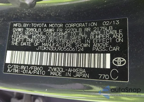 2013 Toyota Prius Two z USA, uszkodzony, nr VIN JTDKN3DU9D5606124